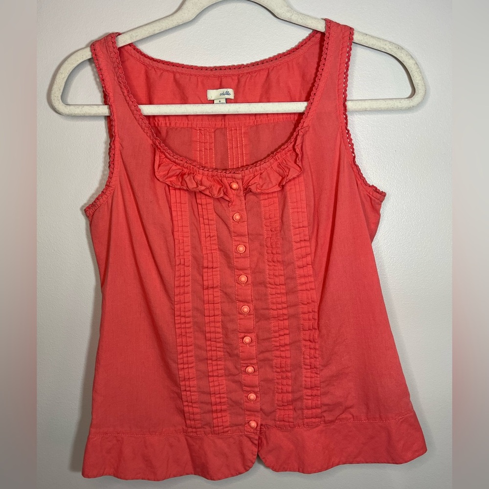 Odille Anthropologie Sleeveless Ruffle Cotton Coral Tank Top Blouse Women’s 6